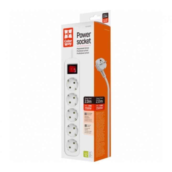 Мережевий фільтр COLORWAY CW-PSEA52W White, 5 розеток, 2м